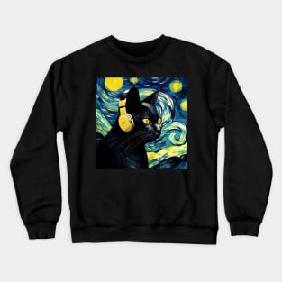 Starry Night Black Cat Wearing Headphones Crewneck Sweatshirt